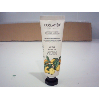 Органический крем для рук Ecolatier с ароматом марулы в белом тюбике с ботаническими иллюстрациями плодов марулы.