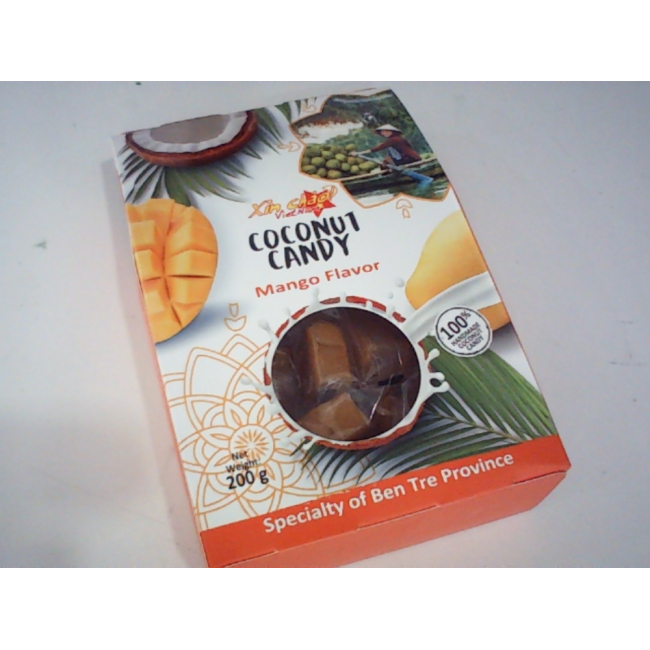 Коробка кокосовых конфет Xin Chào Việt Nam со вкусом манго. Этот продукт — фирменное блюдо провинции Бен Тре во Вьетнаме.