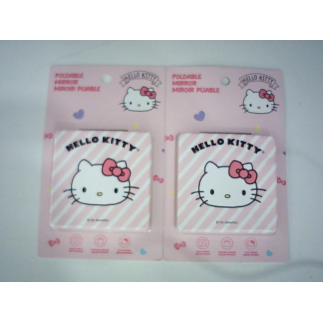 Набор из 2 карманных двусторонних складных зеркал Miniso Hello Kitty Classic, квадратной формы, с розово-белым полосатым фоном и изображением мордочки Hello Kitty на крышке.